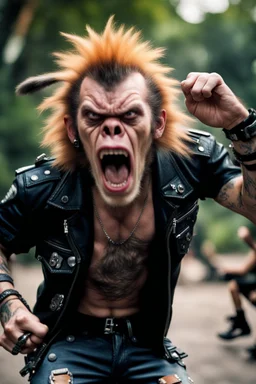 A very angry and bitter punk rocker tries to scream holding his mobil and screams very high and gets angry, howler monkeys disturbs him