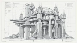 Detailed architectural diagram of a massive, otherworldly structure with terrifying dimensions, inspired by the works of H.R. Giger and Zdzisław Beksiński, pencil drawing style with intricate details and shading, dark and eerie atmosphere.