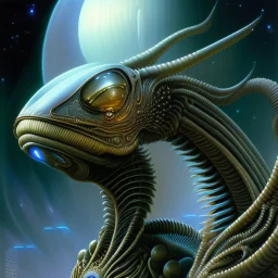 Alien being, scifi, perfect composition, photorealistic, super detailed, 8k, high quality, intricate details, highly detailed, ambient lighting, in the style of H.R. Giger, Boris Vallejo