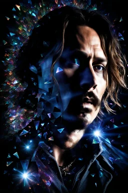 Johnny Depp - pitch-black background with a blue glowing overhead spotlight effect, multicolored shards of broken glass, prism effect, mosaic effect, time travel, space voyages, superheroes, moving really fast