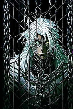 Wagnard Record of Lodoss War, oldschool, insane, ghost in the shell art style, in the art style of Record of Lodoss War, Dark Fantasy, dark knight, tied up in cage, male, white hair,