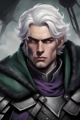 a twenty-five years old baron. commander of troops. tall and muscular. focused look. short white hair. purple eyes. gray clothes. dark-green cloack.