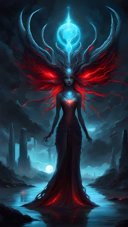 dark fantasy, bioluminescent goddess, ominous atmosphere, sparkles, red eyes, world of wonders scenario