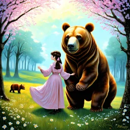 The girl and the brown bear, fabulous, dreamlike, children's story, anatomically correct, figures completely in the frame, no writing, no numbers, in the Style of Vania Zouravliov, Sherry Akrami, Ivan Bilibin, Maria Sibylla Merian, Alex Almany, Daniel Merriam, Jean Baptiste Monge, Iwona Lifsches Modifiers: bokeh digital painting elegant extremely detailed Award winning photography fantasy intricate 8k very attractive award winning imperial colors fantastic view 4K 3D crisp quality hdr very cute