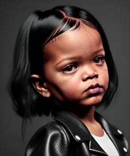 Rihanna toddler, full body, leather jacket, soft skin, dramatic lighting, hyper realistic