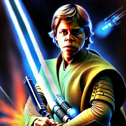 Dibujo al oleo de cuerpo entero de Jedi Luke Skywalker con sable de luz estilo Michelangelo