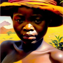 Drawing of 'woman from Pygmies tribe',sweet stare,painting by Earl Norem, simon Bisley,frazetta,西嘛哒, evan lee, Vallejo,kelly,Paul Gauguin oil on canvas, cinematic composition, extreme detail,fit full head inside picture,8k