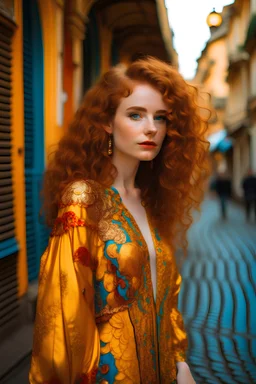 A vibrant young woman in the street, her hair and dress adorned with a golden Klimt-inspired masterpiece.