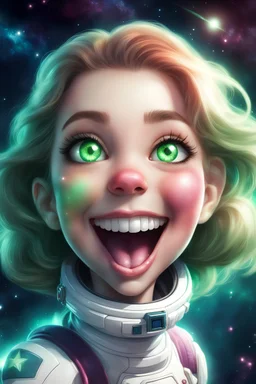 Star with green eyes, smiling with her tongue out, she shines a lot! It's in space