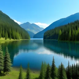 a lake surrounded by mountains and trees. The lake can be seen in the centre of the picture and takes up about two thirds of the picture. It is covered by light blue water and has a slightly oval shape. Various trees grow on the shore of the lake, including firs, spruces and birches. The trees are tall and rise steeply into the sky. They are green and have a shiny lustre. In the background of the picture are the mountains. They are high and steep and covered in snow.