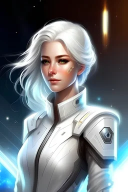 beautifull woman starship commander, white jumpsuit bright, galaxy, white hairs, leader galactic, guardian of galaxy, archangel light coordinator, chef leader, spaceship, light command warior, clear eyes