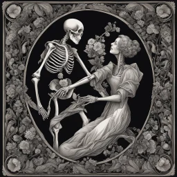 Memento mori with a tired looking 3/4 length skeleton standing behind and embracing in a dance like swirl a fainting young maiden, dynamic posture, swirl like macabre, couple is surrounded by botanical flower motifs, looks like a deep metal engraving