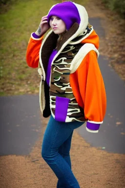 Brunette.thick thighs,thick calves,flat belly,bent fell. big head. Mantle is sewed of upcycled Denim and sewed together of camouflage pieces. Pieces' color are orange, cream and purple. It is with big bright purple felt tippet and cream-colored-hood. mantle is merged with satchel. . Big AKG-style headphones (gold rings!) is merged with small felt cap with small visor. Style: Haute Couture in 1920's, N.Y.C fashion in 1996, inspired by street art. Cream latex gaiter. Her head and rest body!