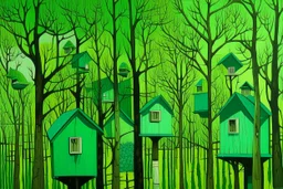 Emerald green colored treetops with birdhouses painted by John Brack