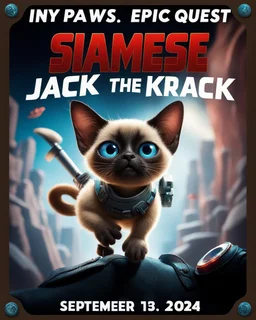 Create a realistic movie poster for 'Siamese Jack the Krack' featuring a siamese in an adventurous setting, with futuristic elements, dramatic lighting, and the tagline 'Tiny Paws, Epic Quests: Unleash the Adventure with Siamese Pete!' with a release date of September 13, 2024