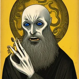 Russian Orthodox nosferatu with five yellow eyes and tentacle beard and long arms and fingers