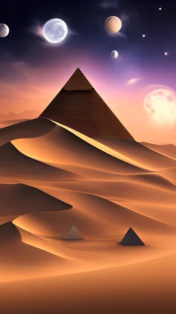 paisaje de dunas con una piramide en el fondo, cielo estrellado y luna llena, impresionismo detallado