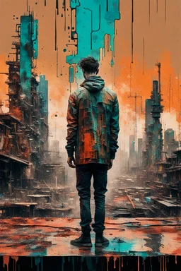 an impasto and tint line photo of a (sad:1.5) (cyberpunk:1.7) man standing in front of a city made of rust, ink leak, bronze - skinned, (front view:1.6), geometric curves, featured art, philosophical splashes of colors, art brought to life, soul shock, moderate glitch patterns