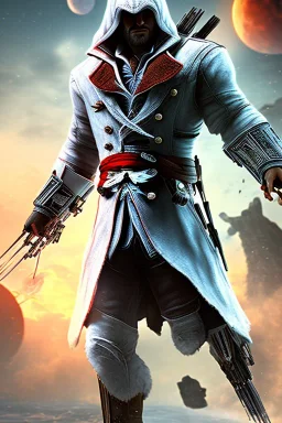 An assassin's portrait, assassins Creed suit, dark scenery, red moon, blood moon