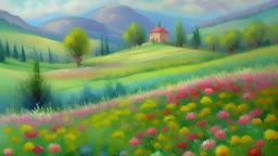 oil painting, pastel, vintage flower field in spring, easter, ,chapel, Mountains, brush strokes ,Thomas kinkade style
