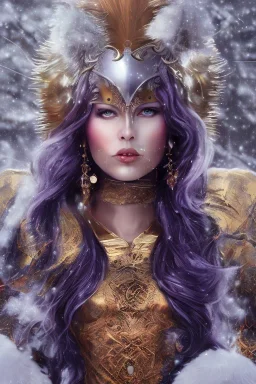 portrait jackline bisset warrior with big bobs black hairs violet Christmas top in the snow and fire