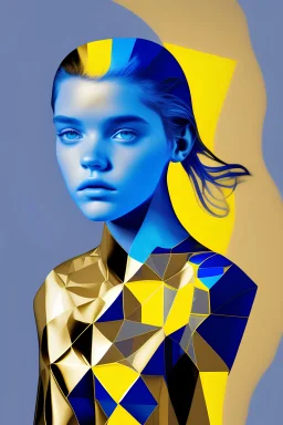 This 2D image is a variation of the barbara palvin Illusion, created by David Novick., line art style, sematic geometric human form, portrait of a faceless man, Cyanotype style, only royal blue and yellow neon copper cycles, silver and gold tints. The illusion is a vivid demonstration of the fact that we don’t directly perceive the colors of objects in the world. Instead, the perceptual system takes an educated “guess,” based on the objects’ surroundings.