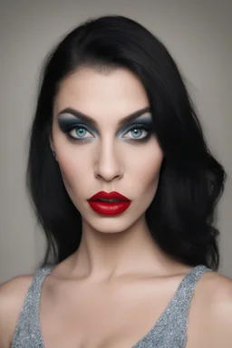 an extremely ugly abomination of a girl with great big pouty lips:1.5 and a humongous nose:1.5, wide set slanted soft blue eyes, extremely pointed chin, black hair, Annabella Lugosi, medium long shot, wide angle shot, full body image, head to toe, red lipstick