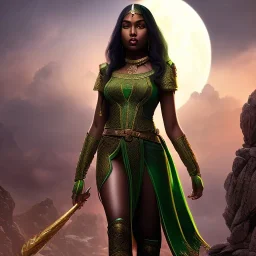 fantasy setting, dark-skinned woman, indian, green hair, black outfit