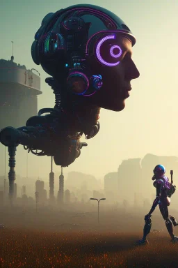 projection of an AI head hovering over an cyberpunk landscape in the distance, a small human walking towards the head, high quality, 4k resolution, high details