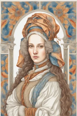 portrait of a colorful renaissance woman in winter clothes the style of da vinci on a white background