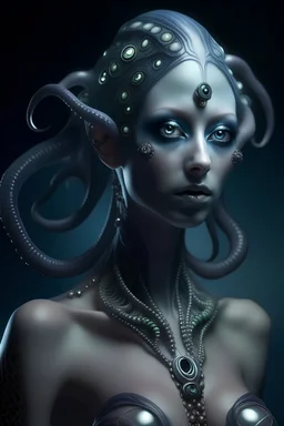 gorgeous female humanoid alien, posing, tentacles, orichalcum jewelry and piercings, beautiful face, mesmerizing starry eyes, smooth translucent skin.