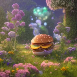 pixar style, volumetric summer garden environment and background, realistic painting of hamburger, looking excited, volumetric lighting, dramatic lighting, detailed digital painting, extreme dense and fine fur, anime, ornate, colour-washed colors, elegant, small minutiae, tiny features, particulars, centered, smooth, sharp focus, renderman gofur render, 8k, uhd, detailed eyes, realistic shaded volumetric lighting, sunlight caustics, backlight, centered camera view