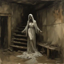 Creepy levitating woman fading ghost floating off the ground in eerie decaying basement, head slumped unnaturally forward, tattered asylum gown, ghostly visage non-material translucent entity, by Denis Forkas, by Jeremy Mann, by Dave Kendall, eerie dark colors, rough matte oil painting.