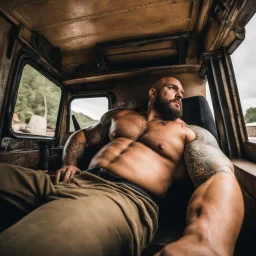 photography of a burly truck beefy driver at rest in truck, inside cab, shirtless, sweaty, massive with tattoos and short beard, Romanian, muscular, male chest, frontal view, seen from below