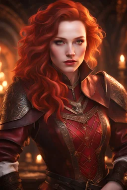 detailed eyes, pale skin, carefree attitude, female bard gorgeous, red wavy shoulder length hair, detailed glowing magical pattern leather clothing, glowing ruby implanted on armor, 8k, high detail, tavern stage background, singing, medieval, looking at viewer, front facing