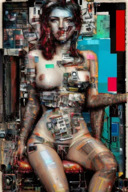 Ultra detailed medium portrait painting of a half naked woman sitting on a chair, no nudity, bended over, dark room with little light coming from an open door behind her, torn up collage of clippings, broken circuitry background, matrix effects, punk visual art, punk art aesthetic, graffiti art, pop surrealism, collage art, cluttered paint glitches