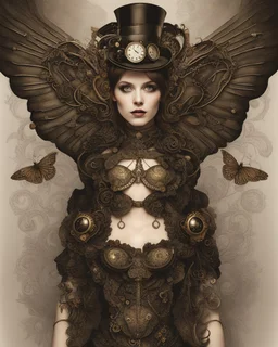 steampunk delicate metal woman, moth, wings, black background