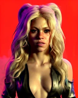 portrait, Shakira, blonde artist, angry, Realistic image, MMA robe, hoodie, mma gloves, loose long hair, eyes make up, gold line make up, moisture, sweat, fog, goddess, Neon colors, leds. Black background, photo studio, concept art, smooth, unreal engine 5, god lights, ray tracing, RTX, lumen lighting, ultra detail, volumetric lighting, 3d, finely drawn, high definition, 4k.