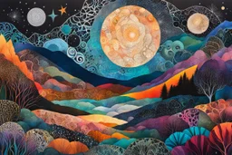 abstract paper collage overlayed with Zentangle patterns that depicts the vastly diverse, rugged landscape of Nature beneath an ethereal, cosmic night sky, highly detailed, vibrant natural color, with bold ink outlining