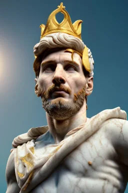 Realistic image, Roman sculpture made in white marble with gold veins, Lionel messi with gold laurel leaves crown, decorative star on the chest, waist up portrait, marble material, gold ornaments, Baroque style, sun rays background, epic, celestial, cinematic lighting, God lights, 4k resolution, smooth details, soft lighting, unreal engine 5, art station, substance 3d.