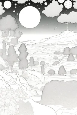 Peaceful, Egon Schiele, Max Ernst, night sky filled with galaxies, planets and stars, rock formations, trees, flowers, one-line drawing, sharp focus, 8k, deep 3d field, intricate, ornate, one million strokes