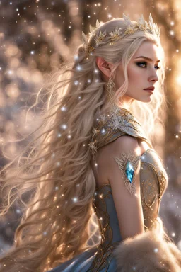 Elven princess,elven crown,long white blonde golden hair,rapunzel hair,ice flowers,beautiful,light blue,dark blue,golden armor,sparkle,glitter,ice flowers,snow,elven ears,dark fairy princess