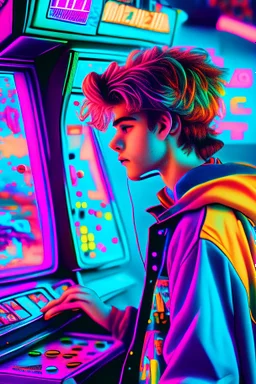 a millineal teenage boy is playing video arcade games, bright colored clothes from the 90s, hairstyles of that time