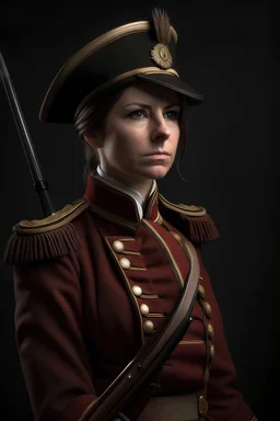 Female British Grenadier Guard with brown hair and a ceremonial saber