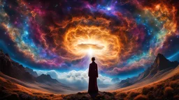 inconceivable and spectacular a scene of emergence of a figure from the glowing cloud, fractal nebula threads, cosmic entities, celestial, cosmic, vibrant and vivid, swirls, twirling, unrealistic, high contrast, symbolism, magical, mystical, mystifying, hyperrealistic, oversaturate, mashrooms