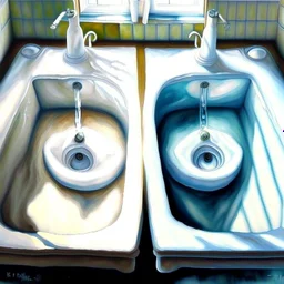 two white sinks, in one of them water is turning right and in the other lef, art, oil drawing, bright,