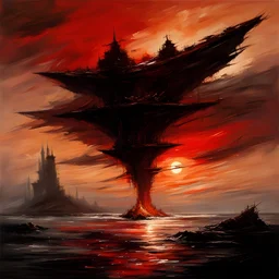 FLYING ISLANDS ON THE BACKGROUND OF A SCARLET SUNSET, dark tones, oil and pencils,, Raymond Swanland & Andrew Atroshenko