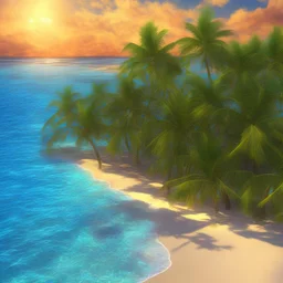 9. Generate an image of a sun-soaked beach with palm trees and crystal-clear water