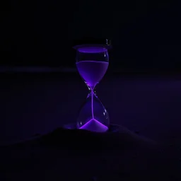 an hourglass on a beach at night, partly buried in the sand, dark purple light