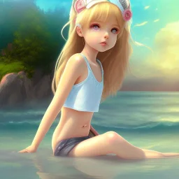 Little girl day, sunny, relaxing, sea, trees, real details anime style, realistic, glowing beach